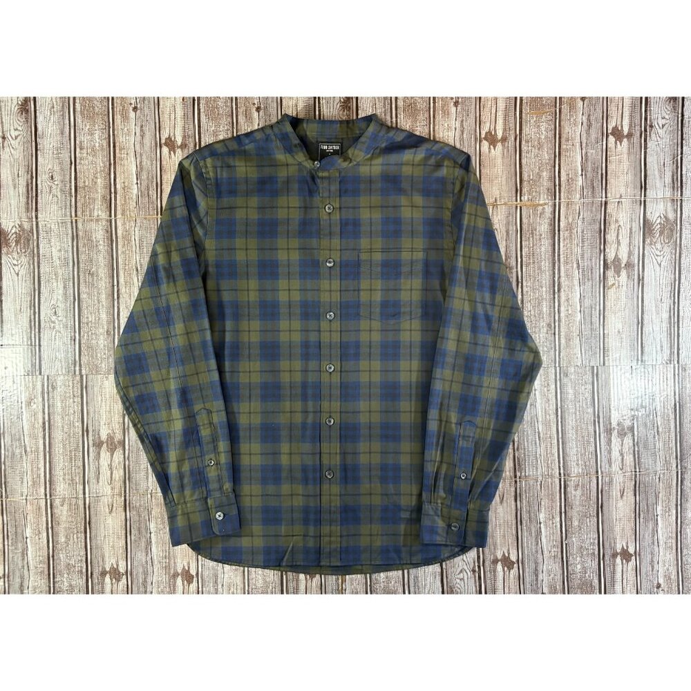 TODD SNYDER X ALBINI Finest flannel plaid band collar Shirt size M Green NWOT